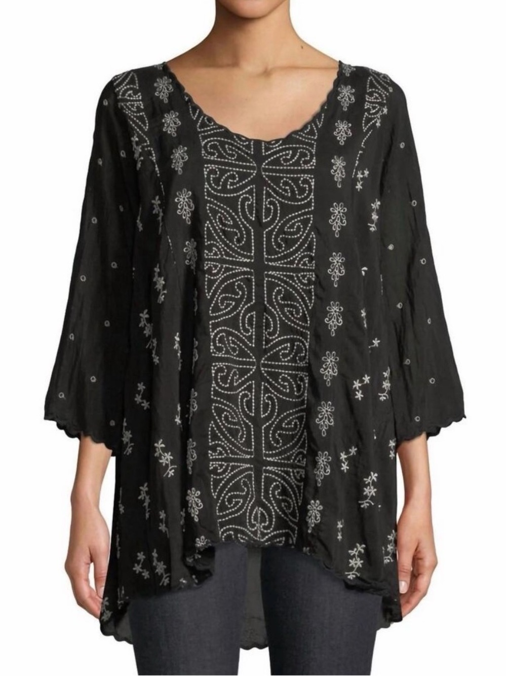 Johnny Was Ridden Black Embroidered Tunic Long Sleeve Blouse, Small